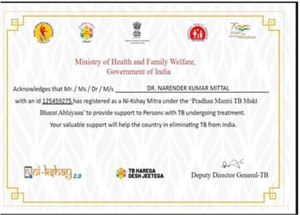 Ni-kshay Mitra Registration Certificate, Ministry of Health and Family Welfare