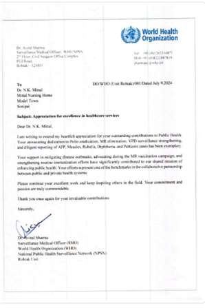 WHO Letter of Appreciation, National Public Health Surveillance Network, Rohtak Unit
