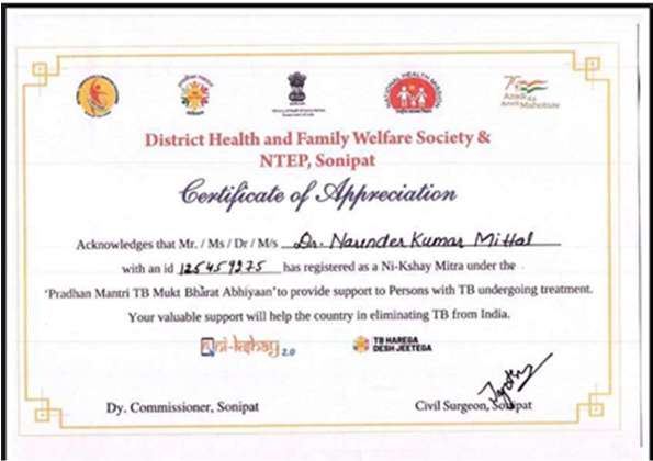 Certificate of Appreciation, District Health & Family Welfare Society & NTEP, Sonipat