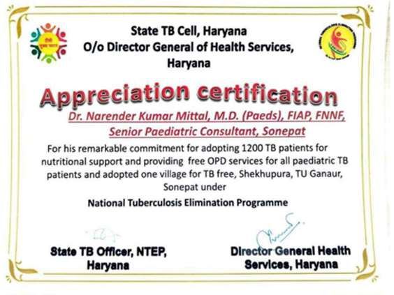 Appreciation Certification, State TB Cell, Haryana